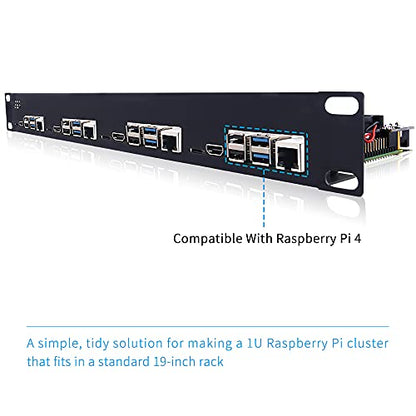 GeeekPi Soporte de rack 1U para Raspberry Pi 4, 19" 1U para montaje en rack soporta 1-4 unidades con 4 ventiladores, disipadores de calor de aluminio, placas micro HDMI, tarjeta TF a placas FPC para