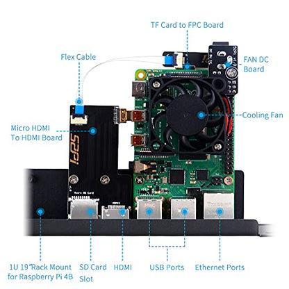 GeeekPi Soporte de rack 1U para Raspberry Pi 4, 19" 1U para montaje en rack soporta 1-4 unidades con 4 ventiladores, disipadores de calor de aluminio, placas micro HDMI, tarjeta TF a placas FPC para