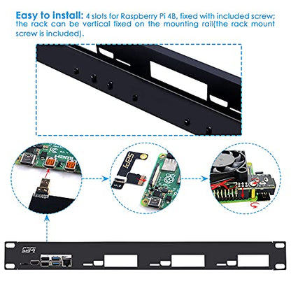 GeeekPi Soporte de rack 1U para Raspberry Pi 4, 19" 1U para montaje en rack soporta 1-4 unidades con 4 ventiladores, disipadores de calor de aluminio, placas micro HDMI, tarjeta TF a placas FPC para
