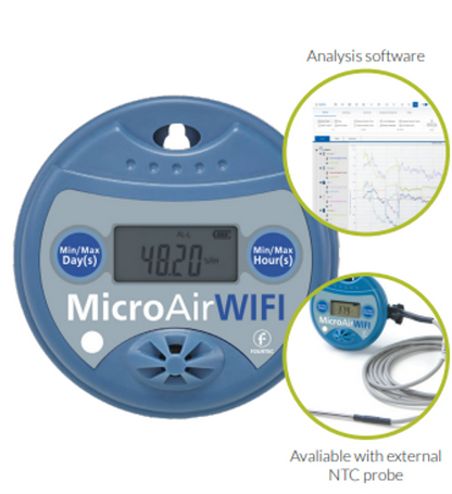Fourtec Registrador de datos multiusos de temperatura y humedad relativa Fourtec MicroAir WiFi | Data Logger Solutions  EC850-W