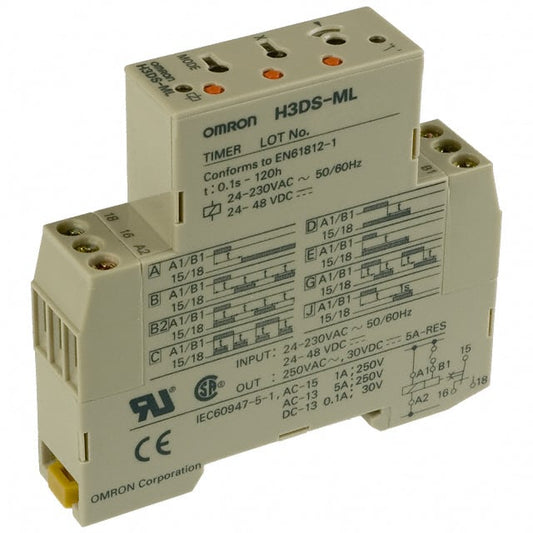 Omron Automation and Safety H3DS-ML AC24-230/DC24-48 H3DS-M Riel DIN Relé mecánico 0.1 seg ~ 120 h 5A a 250VCA