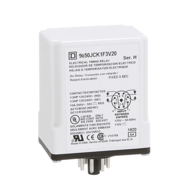 Schneider Electric 9050JCK1F3V20 Square D JCK Para enchufe Relé mecánico Fijo, 3 seg 10A a 240VCA