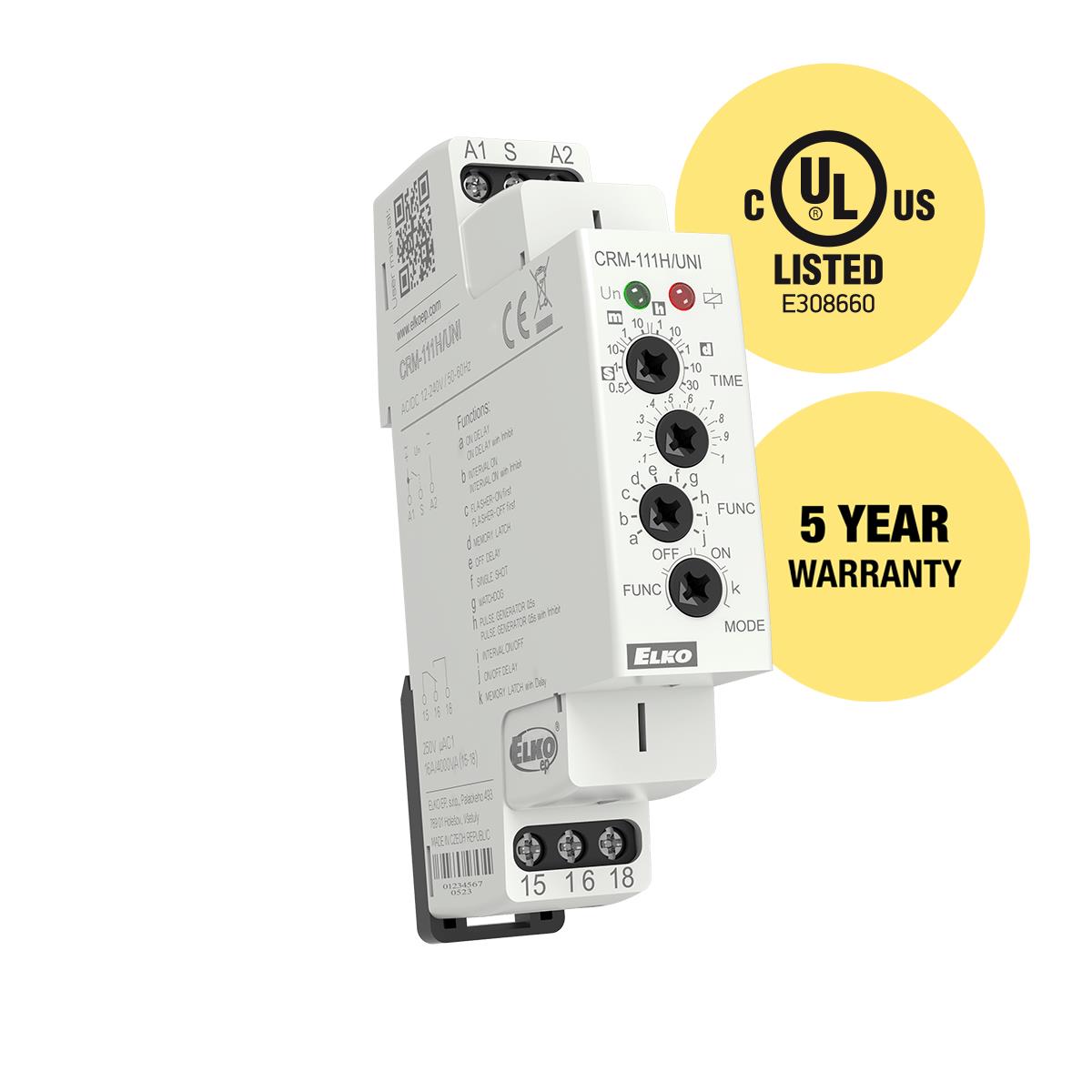 ELKO EP North America CRM-111H/UNI CRM Riel DIN Relé mecánico 0.05 seg ~ 30 días 16A a 250VCA/24VCC