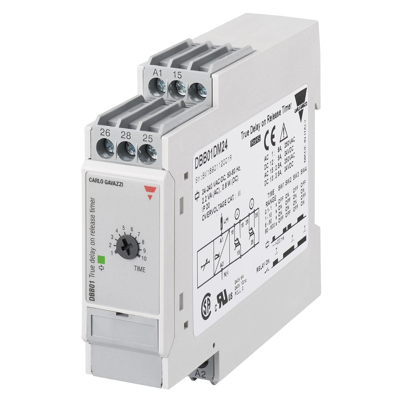 Carlo Gavazzi Inc. DBB01DM24 DBB01 Riel DIN Relé mecánico 0.1 seg ~ 600 seg 8A a 250VCA