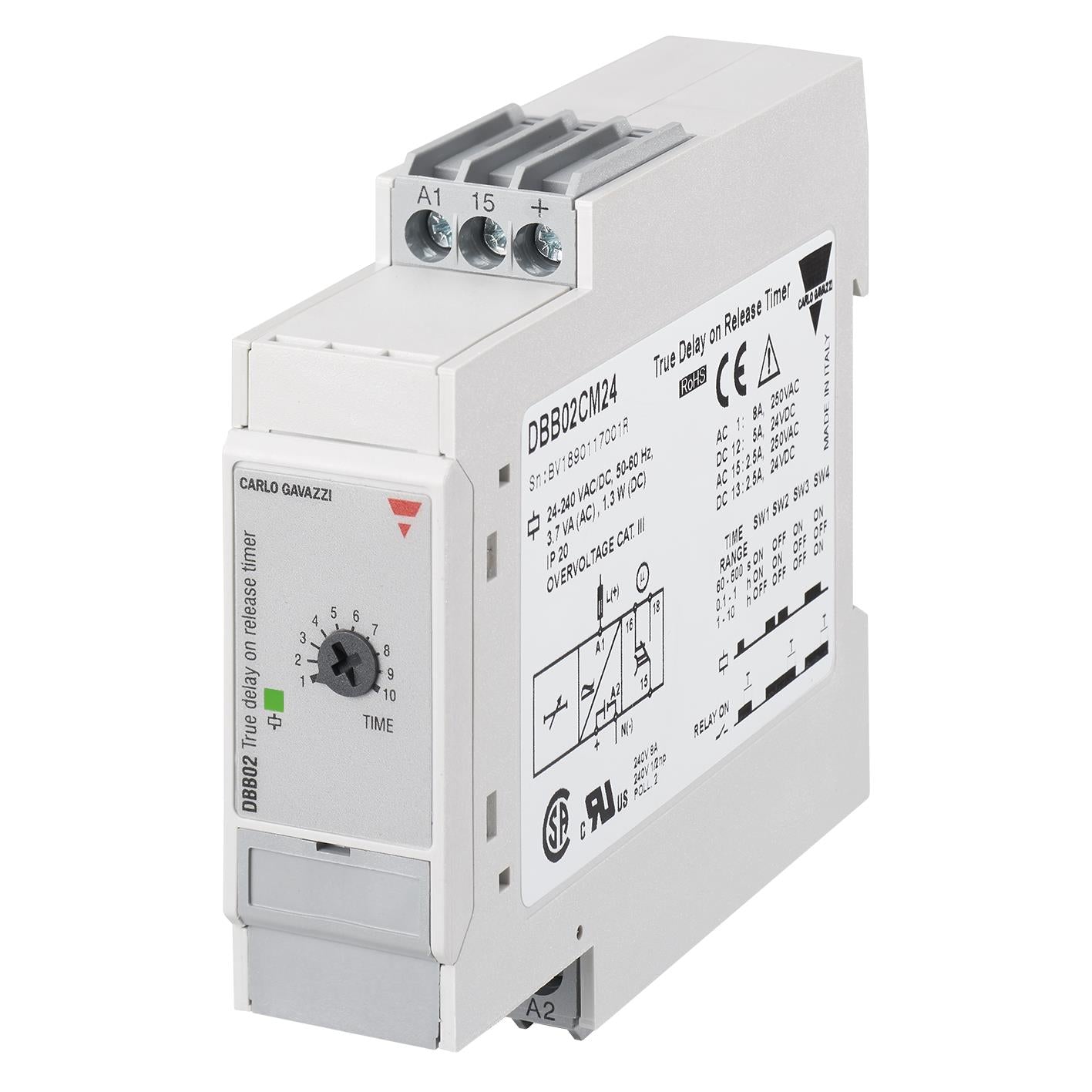 Carlo Gavazzi Inc. DBB02CM24 DBB02 Riel DIN Relé mecánico 60 seg ~ 10 h 8A a 250VCA