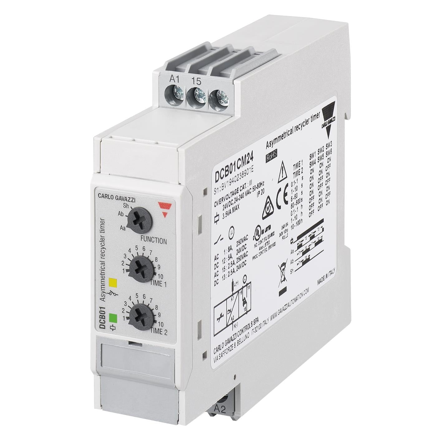 Carlo Gavazzi Inc. DCB01CM24 DCB01 Riel DIN Relé mecánico 0.1 seg ~ 100 h 8A a 250VCA
