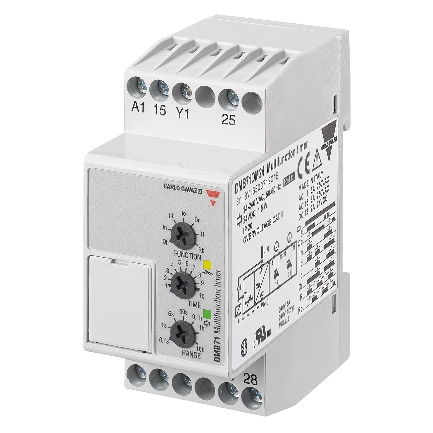 Carlo Gavazzi Inc. DMB71DM24 DMB71 Riel DIN Relé mecánico 0.1 seg ~ 100 h 5A a 250VCA