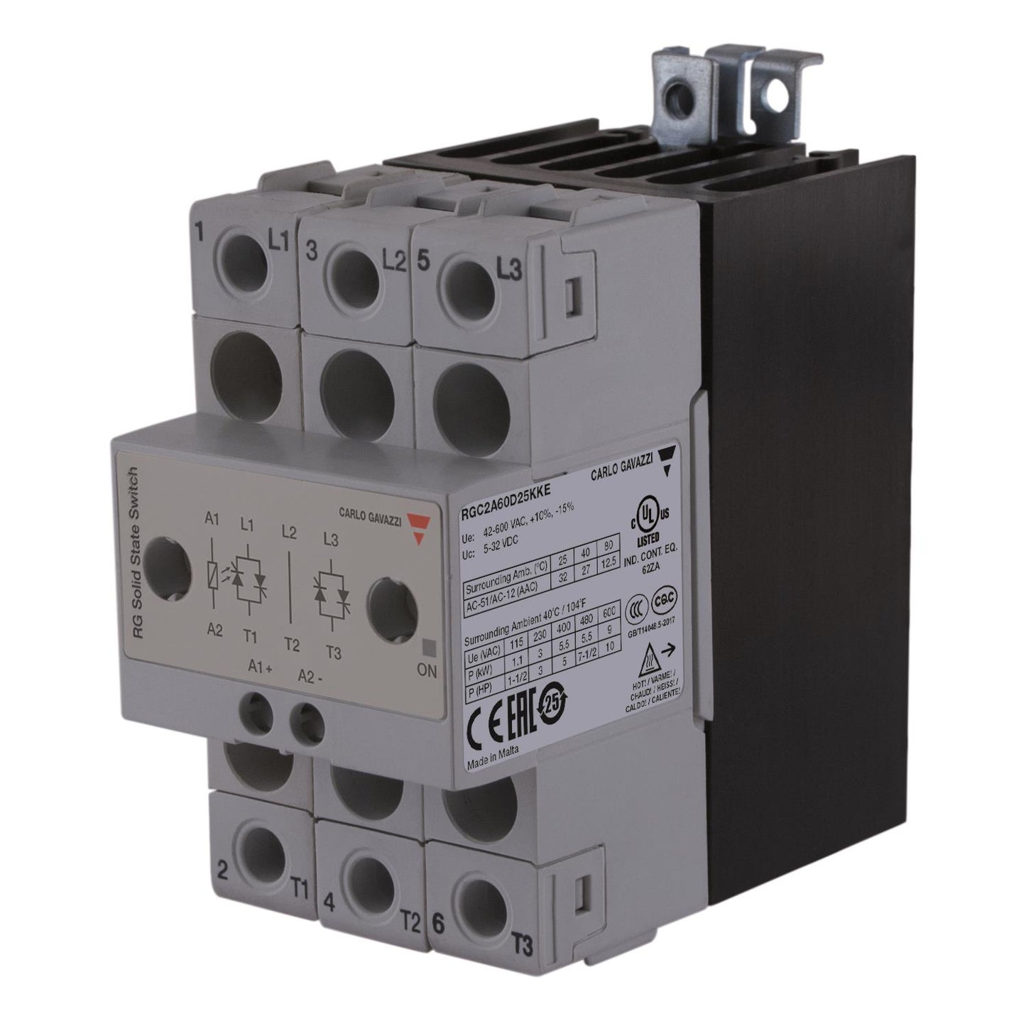 Carlo Gavazzi Inc. RGC2A22A25KKE RGC2A Montaje de chasis, Riel DIN DPST-NO (normalmente abierto) (2 Forma A)