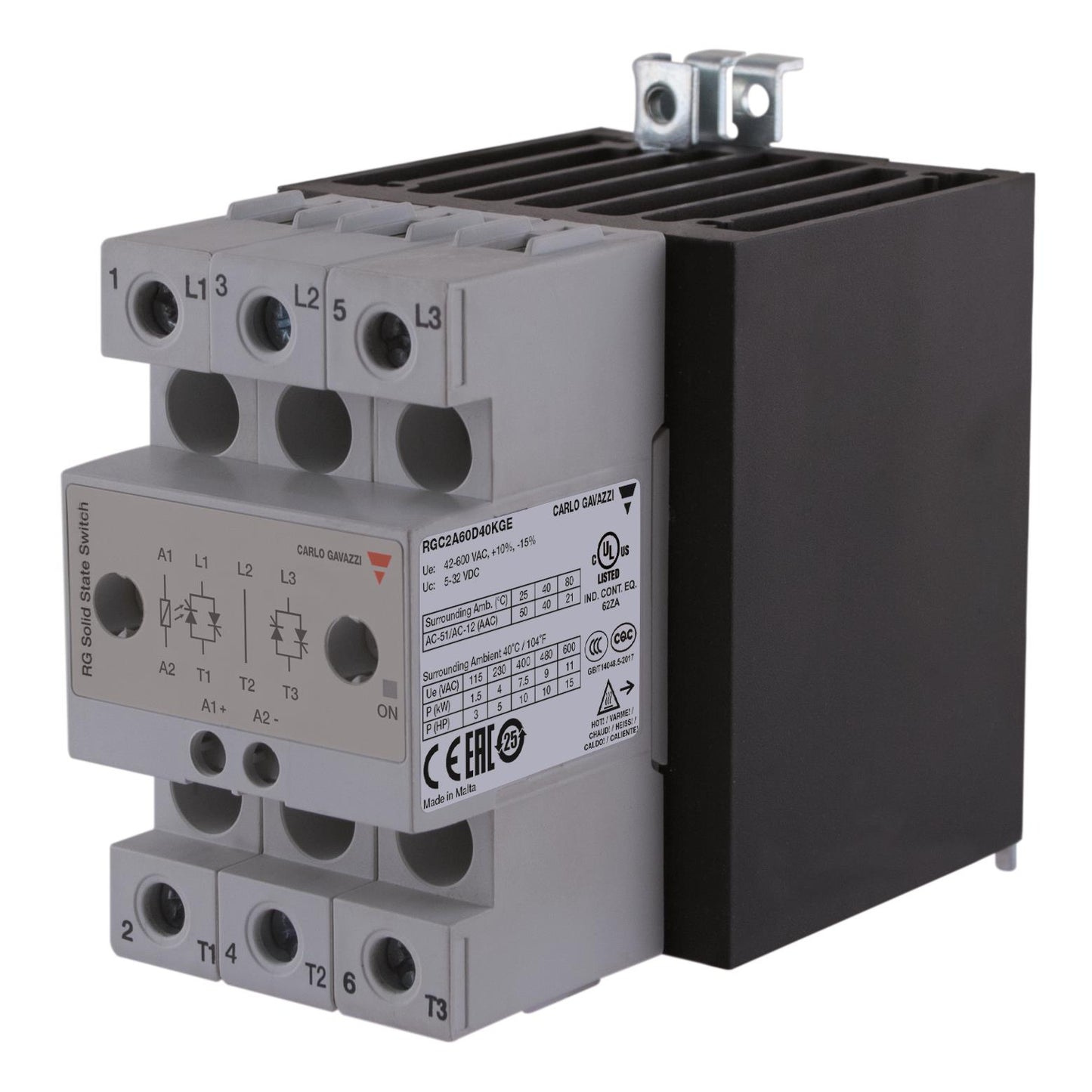 Carlo Gavazzi Inc. RGC2A60D40KGE RGC2 Montaje de chasis, Riel DIN DPST-NO (normalmente abierto) (2 Forma A)