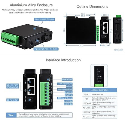 Waveshare RS232 RS485 al servidor serie Ethernet RJ45, funcionamiento independiente de canales duales RS232 y RS485, puertos Ethernet duales, puerto de red PoE