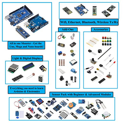 GAR Monster Starter Kit para Arduino Uno Mega Nano, juego completo avanzado, ESP32, ESP8266, 25 módulos de sensor, Bluetooth WiFi Ethernet para proyectos de robótica STEM