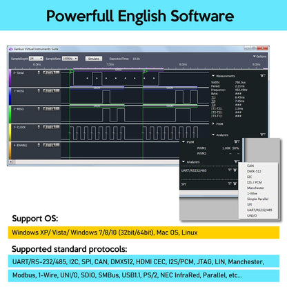 LA2016 USB Lógica Analizador Completo 16 Canales 200MHz Frecuencia de muestreo con el Inglés PC Software Instrumento de mano, Soporte Windows (32bit/64bit), Mac OS, Linux
