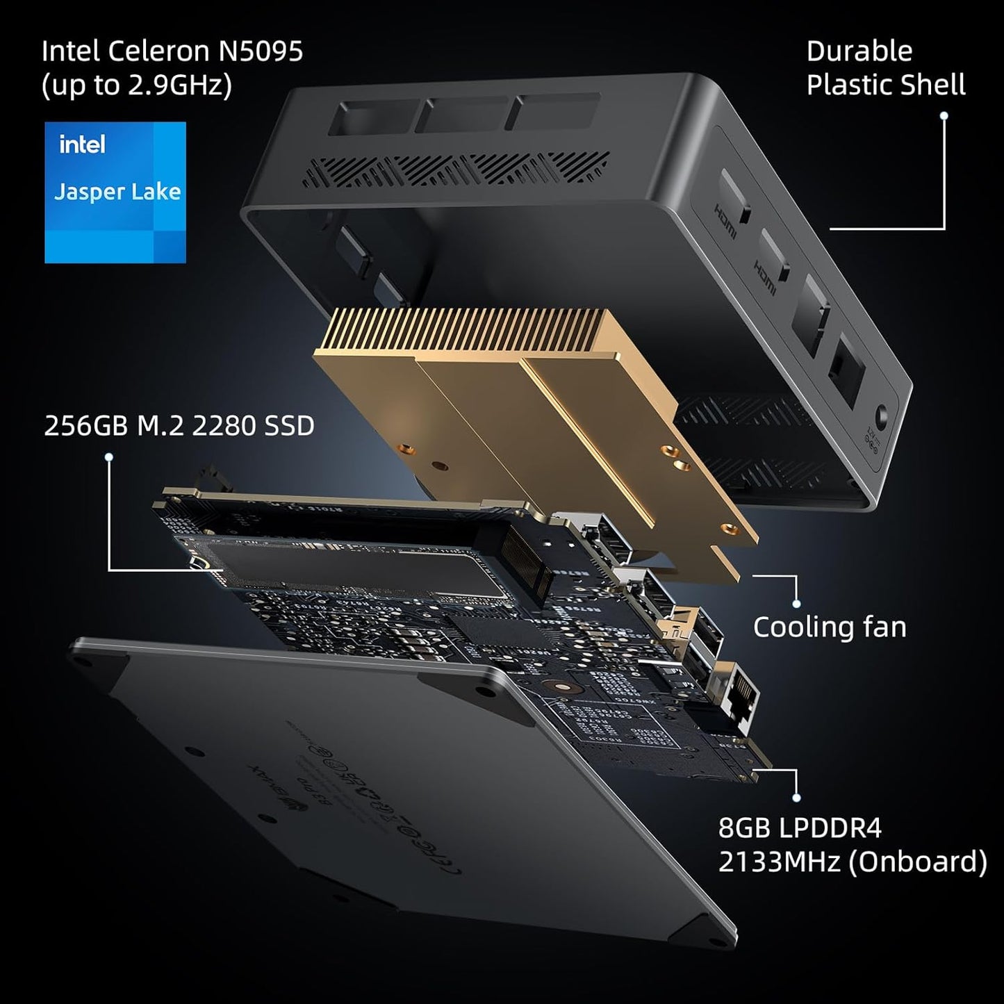 Bmax Mini PC B1 Pro 8 GB LPDDR4 /128 GB eMMC, Intel Gemini Lake N4000 (hasta 2.6 GHz), compatible con expansión SSD M.2 de 512 GB/2 TB, WiFi dual BT4.2 de 2.4G/5G, 4K Dual Display Micro Computadora
