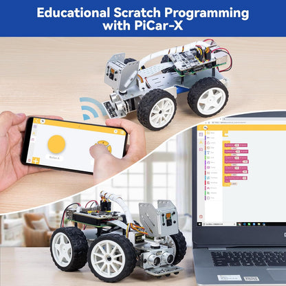 SunFounder PiCar-X AI Video Robot Kit de coche para Raspberry Pi 5/4/3B+/3B, ChatGPT-4o habilitado con reconocimiento de video, pitón, arañazos, cámara, micrófono, batería recargable (RPI no incluida)