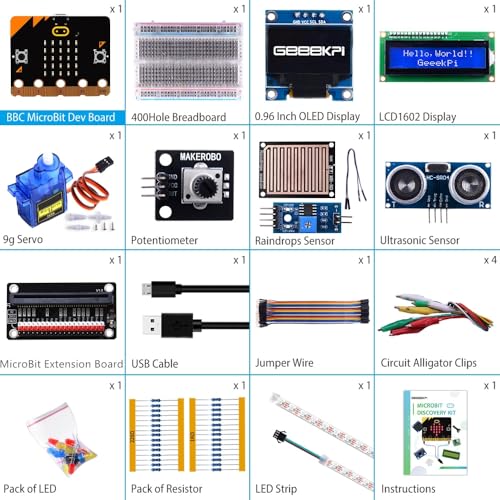 GeeekPi Kit básico de inicio para BBC Micro:bit (V2 incluido), bloques y código Python, ejemplos de proyectos de sensores múltiples, tutorial detallado incluido