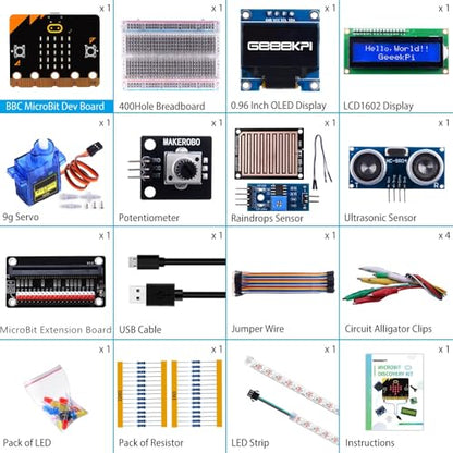 GeeekPi Kit básico de inicio para BBC Micro:bit (V2 incluido), bloques y código Python, ejemplos de proyectos de sensores múltiples, tutorial detallado incluido