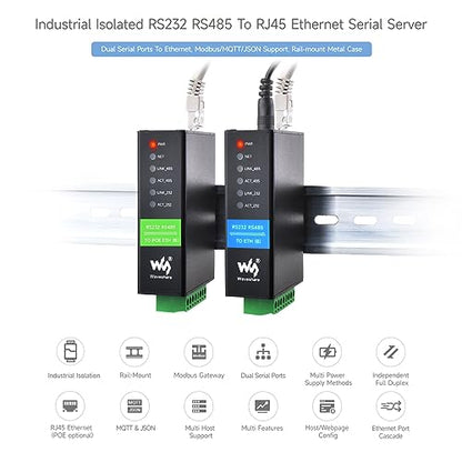 Waveshare RS232 RS485 al servidor serie Ethernet RJ45, funcionamiento independiente de canales duales RS232 y RS485, puertos Ethernet duales, puerto de red PoE