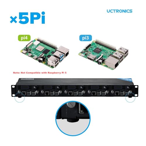 UCTRONICS - Carcasa completa para Raspberry Pi 2.0 con funcionalidad PoE, montaje en rack frontal extraíble de 19 pulgadas con tornillos cautivos, soporta hasta 5 RPis, compatible con Raspberry Pi 4B,