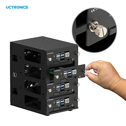 UCTRONICS Caja de clúster de escritorio para Raspberry Pi, hasta 4 Pis y SSD de 2.5", bandejas frontales extraíbles, ventilador de refrigeración LED de 4.7 in para Raspberry Pi 5/4B/3B+/3B