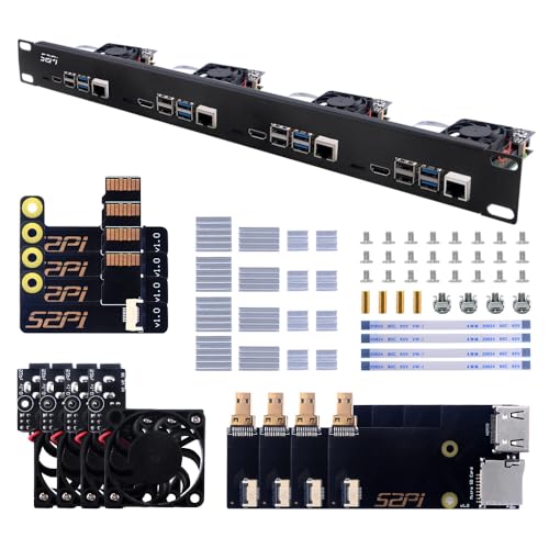GeeekPi Soporte de rack 1U para Raspberry Pi 4, 19" 1U para montaje en rack soporta 1-4 unidades con 4 ventiladores, disipadores de calor de aluminio, placas micro HDMI, tarjeta TF a placas FPC para