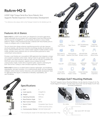 Waveshare Kit de brazo robótico, kit de robot de escritorio, servo de bus serie de alto par, basado en ESP32, 4-DOF, soporta expansión flexible y desarrollo secundario, control inalámbrico
