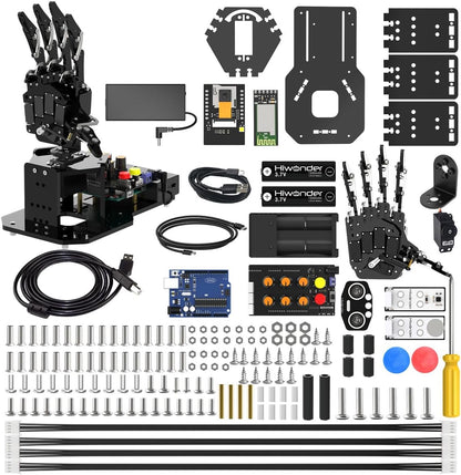 Mano de robot con Arduino UNO, código abierto AI Bionic mano robótica cinco dedos único movimiento brazo mecánico DIY robot inteligente y kits de ingeniería, conjunto de